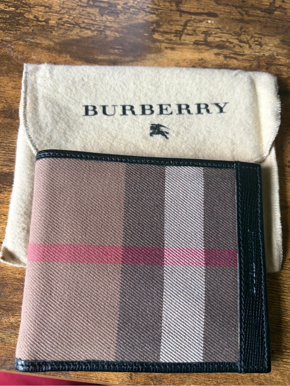 Burberry Check Bifold Wallet in Brown, Black and Red Accent